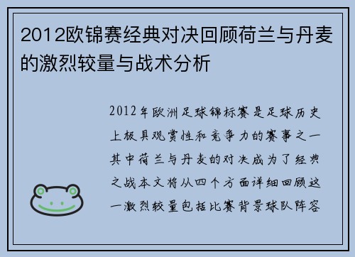 2012欧锦赛经典对决回顾荷兰与丹麦的激烈较量与战术分析