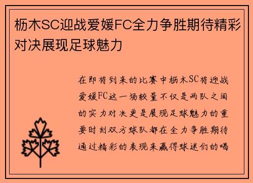 枥木SC迎战爱媛FC全力争胜期待精彩对决展现足球魅力