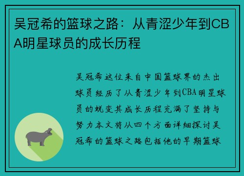 吴冠希的篮球之路：从青涩少年到CBA明星球员的成长历程