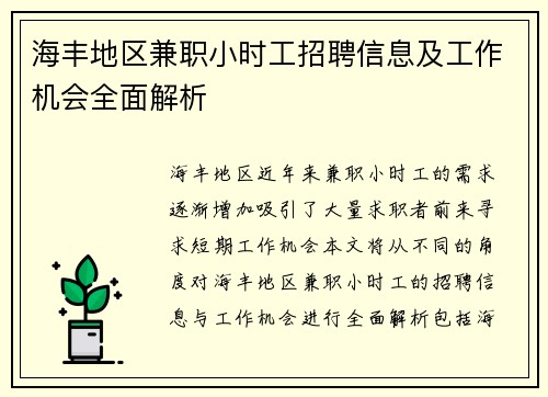 海丰地区兼职小时工招聘信息及工作机会全面解析