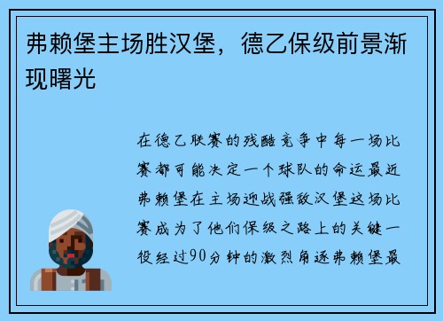 弗赖堡主场胜汉堡，德乙保级前景渐现曙光