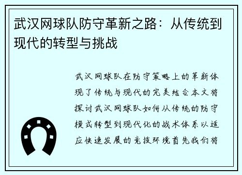 武汉网球队防守革新之路：从传统到现代的转型与挑战