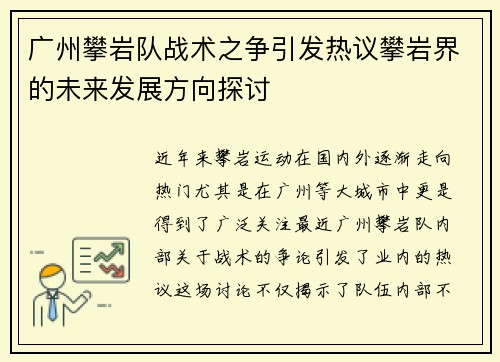 广州攀岩队战术之争引发热议攀岩界的未来发展方向探讨