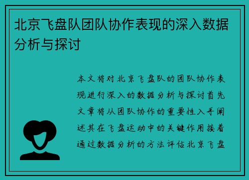 北京飞盘队团队协作表现的深入数据分析与探讨