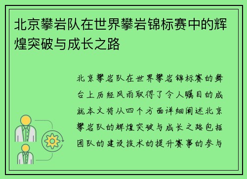 北京攀岩队在世界攀岩锦标赛中的辉煌突破与成长之路