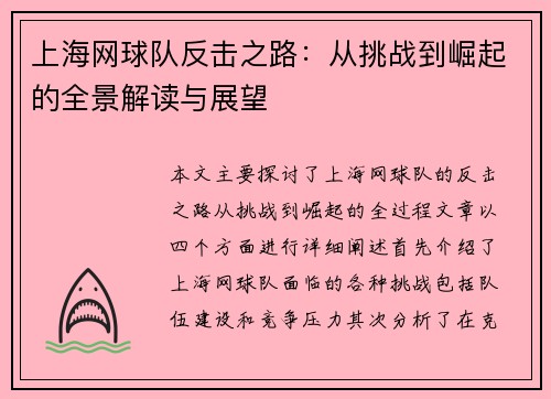 上海网球队反击之路：从挑战到崛起的全景解读与展望