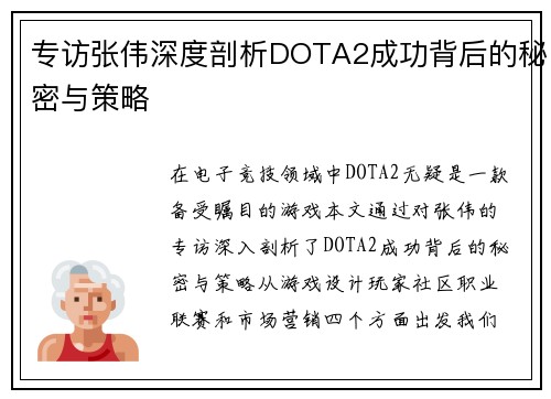 专访张伟深度剖析DOTA2成功背后的秘密与策略
