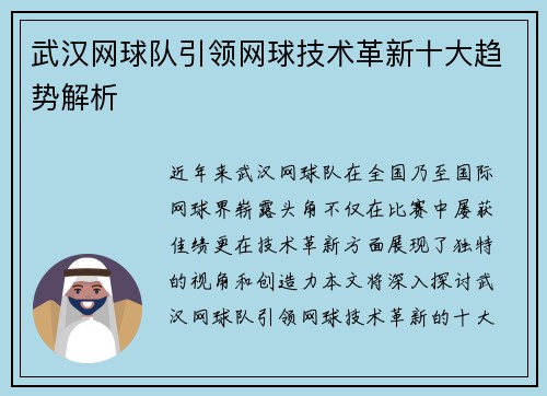 武汉网球队引领网球技术革新十大趋势解析