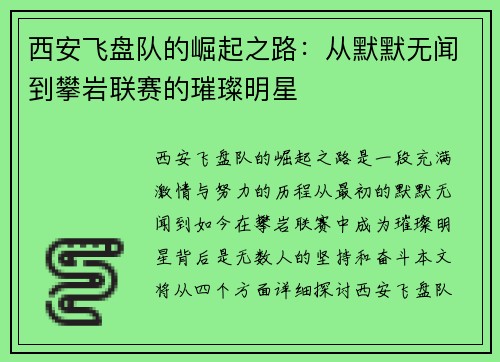 西安飞盘队的崛起之路：从默默无闻到攀岩联赛的璀璨明星