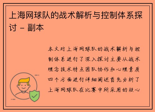 上海网球队的战术解析与控制体系探讨 - 副本