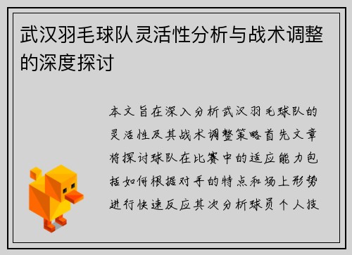 武汉羽毛球队灵活性分析与战术调整的深度探讨