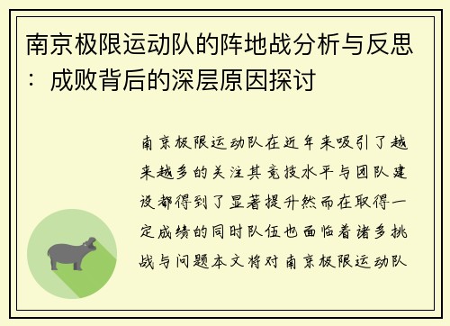 南京极限运动队的阵地战分析与反思：成败背后的深层原因探讨
